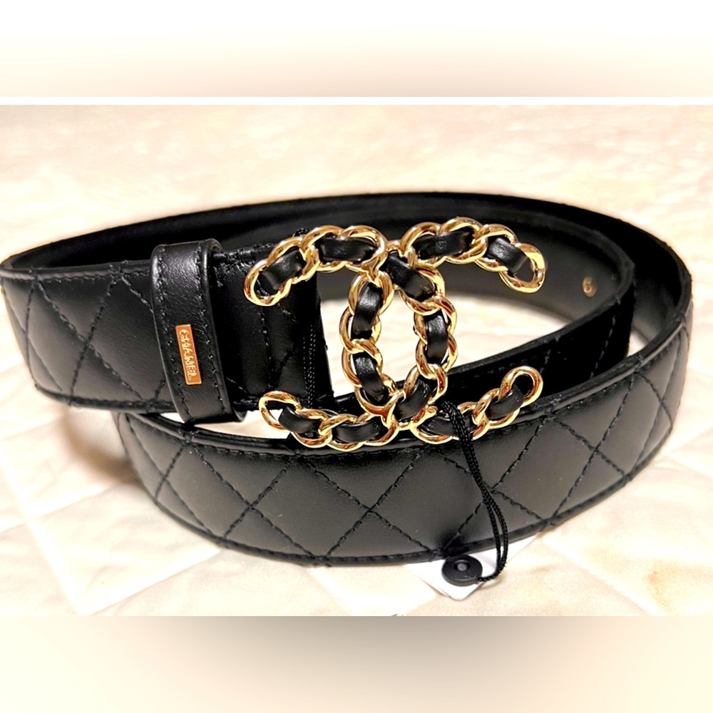 CHANEL BLACK QUILTED 💥 CC LOGO GOLD BUCKLE BELT NEW 120